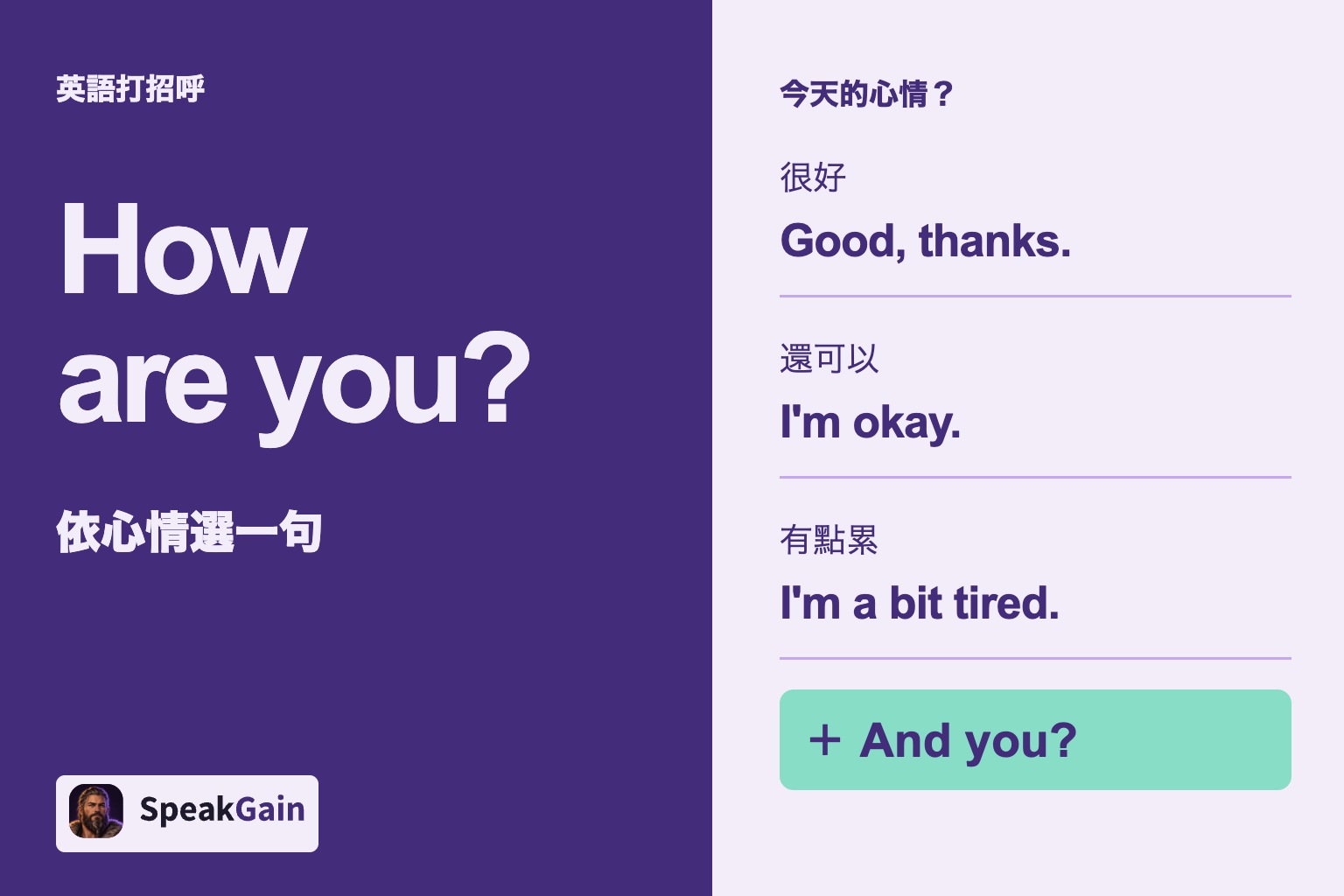 英語打招呼: 今天的心情? — 很好, 還可以, 有點累