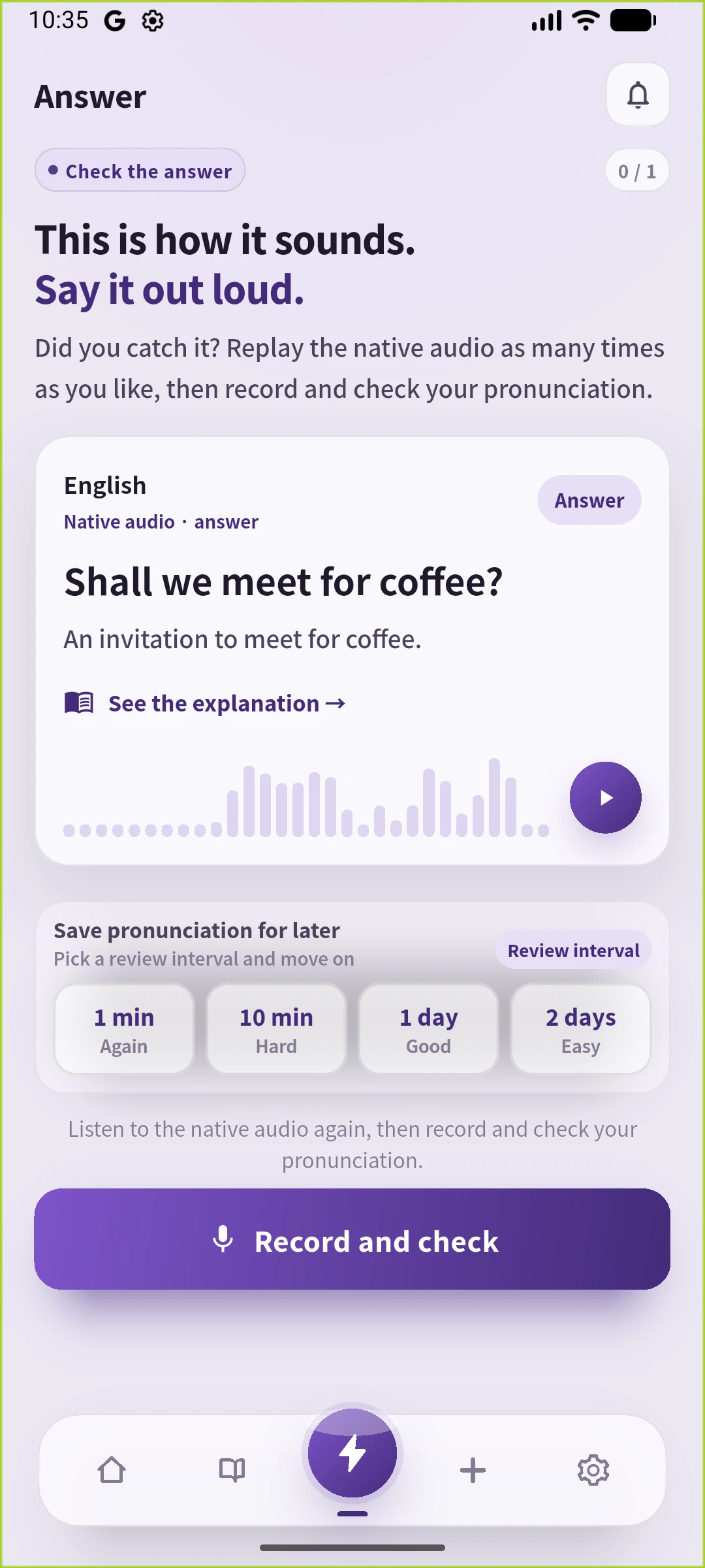Shall we meet for coffee?を表示するSpeakGainのAnswer画面。英語UIで再生とRecord and checkの入口がある