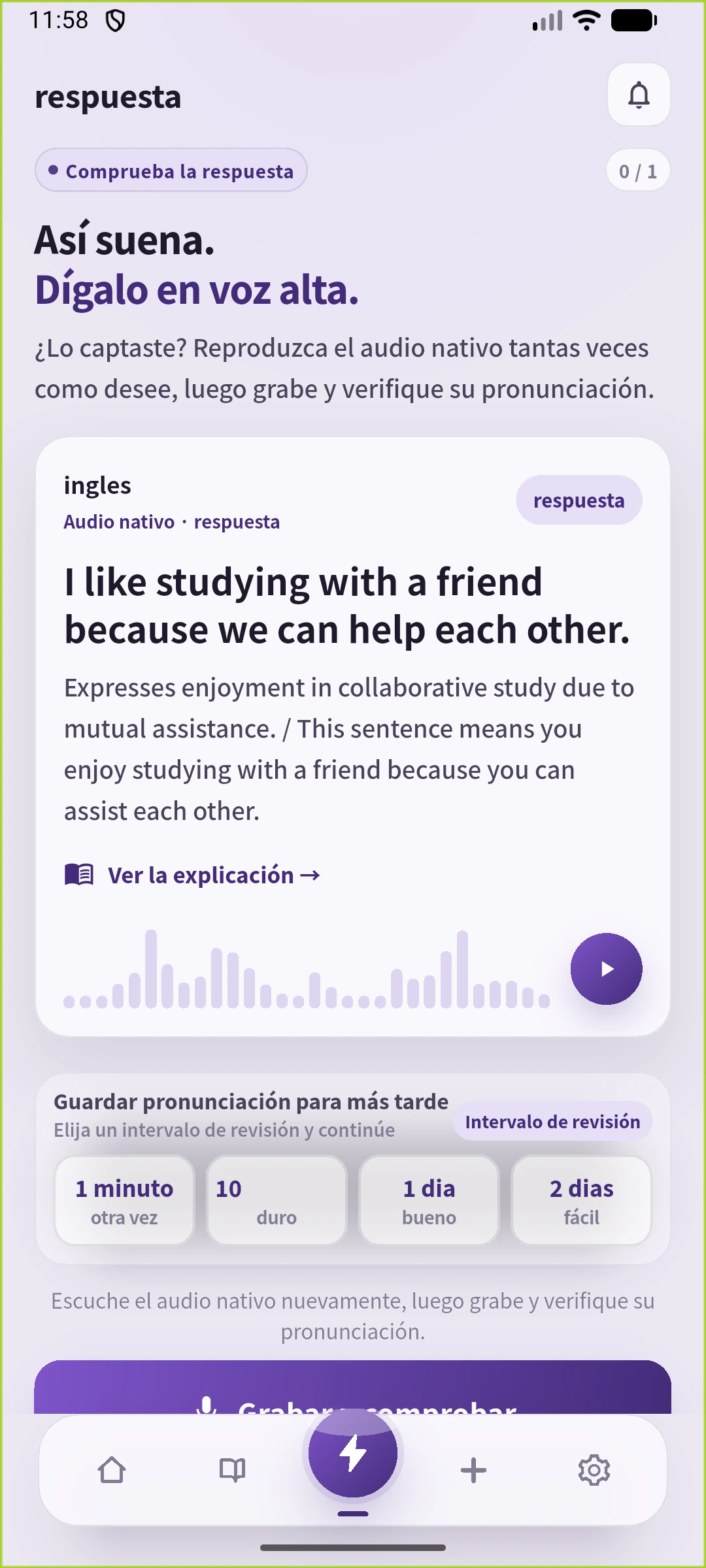 Pantalla de respuesta de SpeakGain con inglés, explicación, entrada a grabación e intervalos