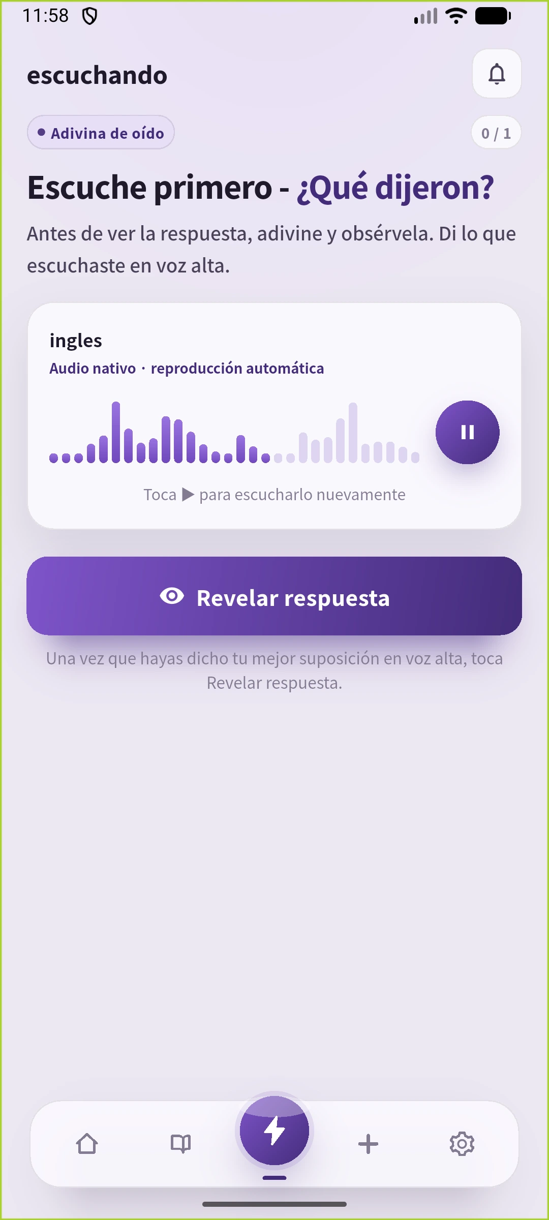 Pantalla de escucha de SpeakGain con el inglés oculto y reproducción