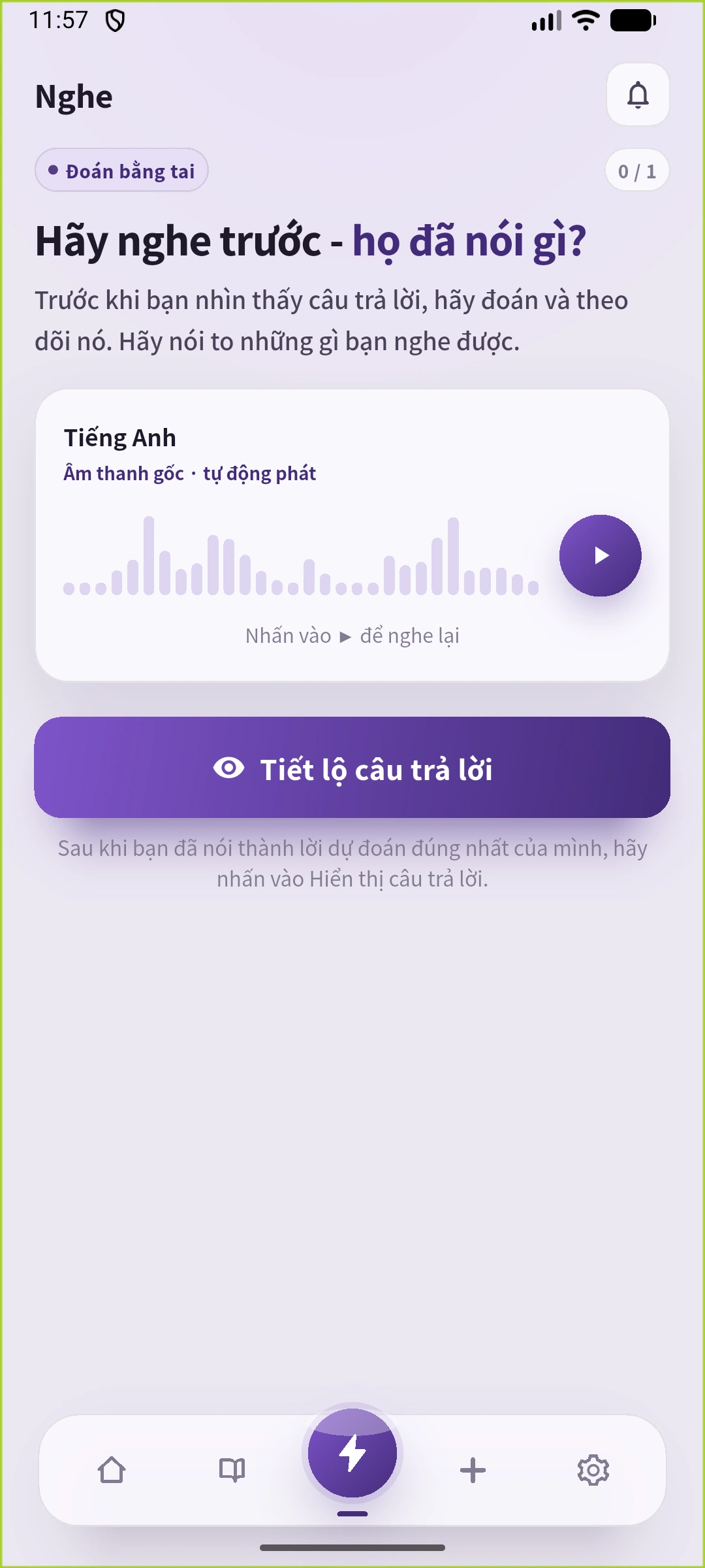 Màn hình nghe SpeakGain giấu câu tiếng Anh và có nút phát