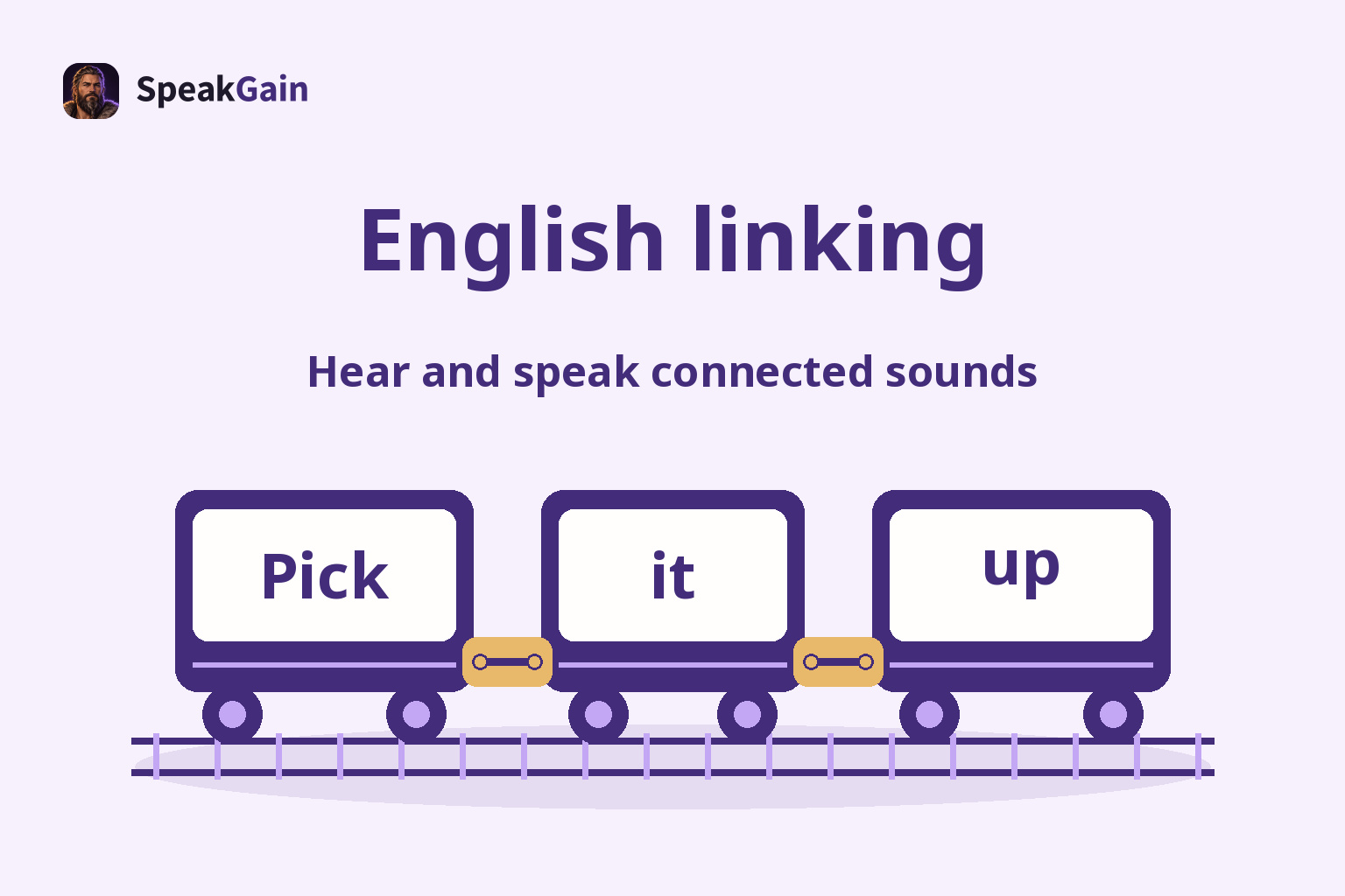 English linking: three word-bearing train cars connected by prominent gold couplers