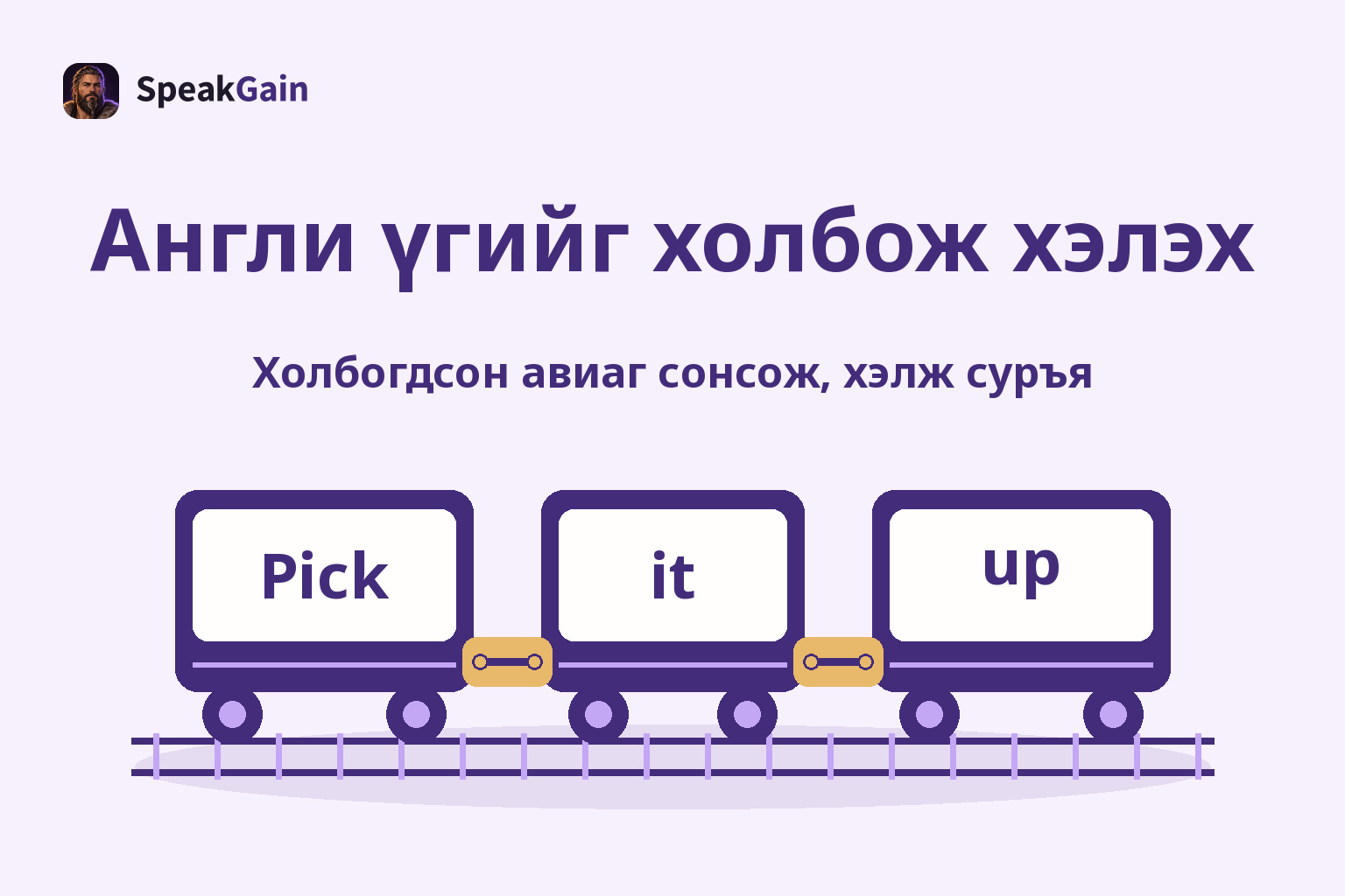 Англи үгийг холбож хэлэх: англи үгтэй гурван вагоныг тод алтан холбоосоор залгасан зураг