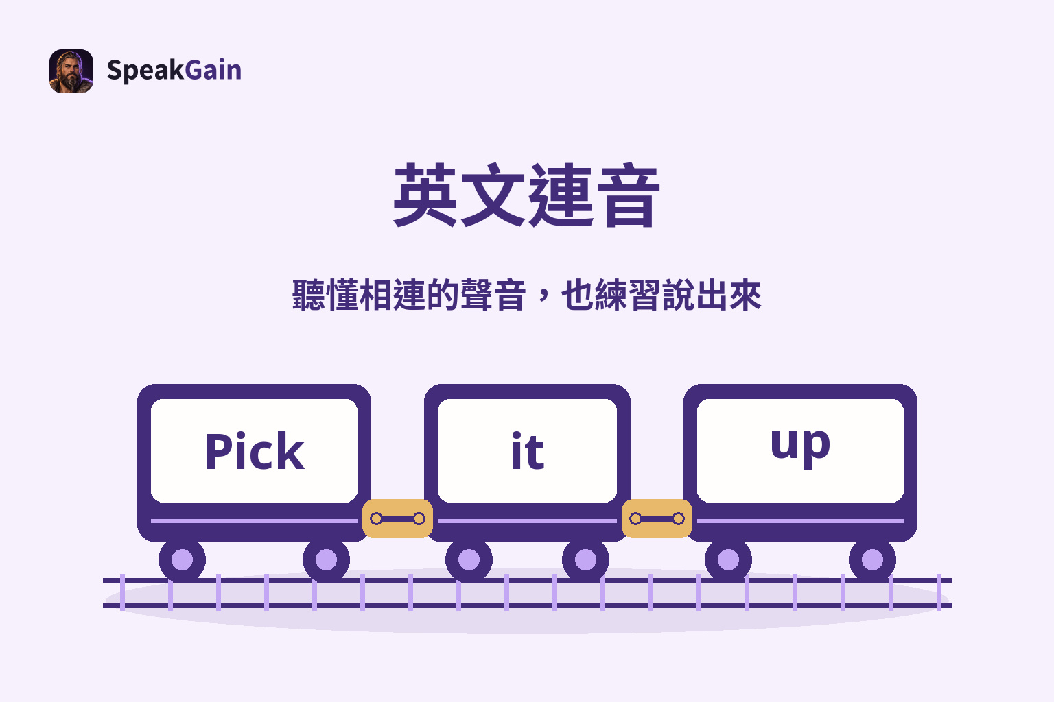 英文連音:載著英文單字的三節車廂,以醒目的金色連接器串起