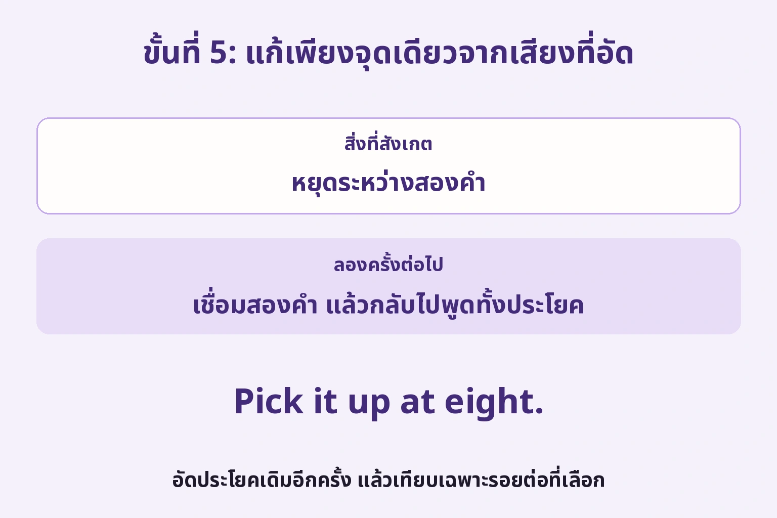 จากข้อสังเกตว่าหยุดระหว่างสองคำ เลือกฝึกเชื่อมแล้วอัดประโยคเต็มเพื่อเทียบอีกครั้ง