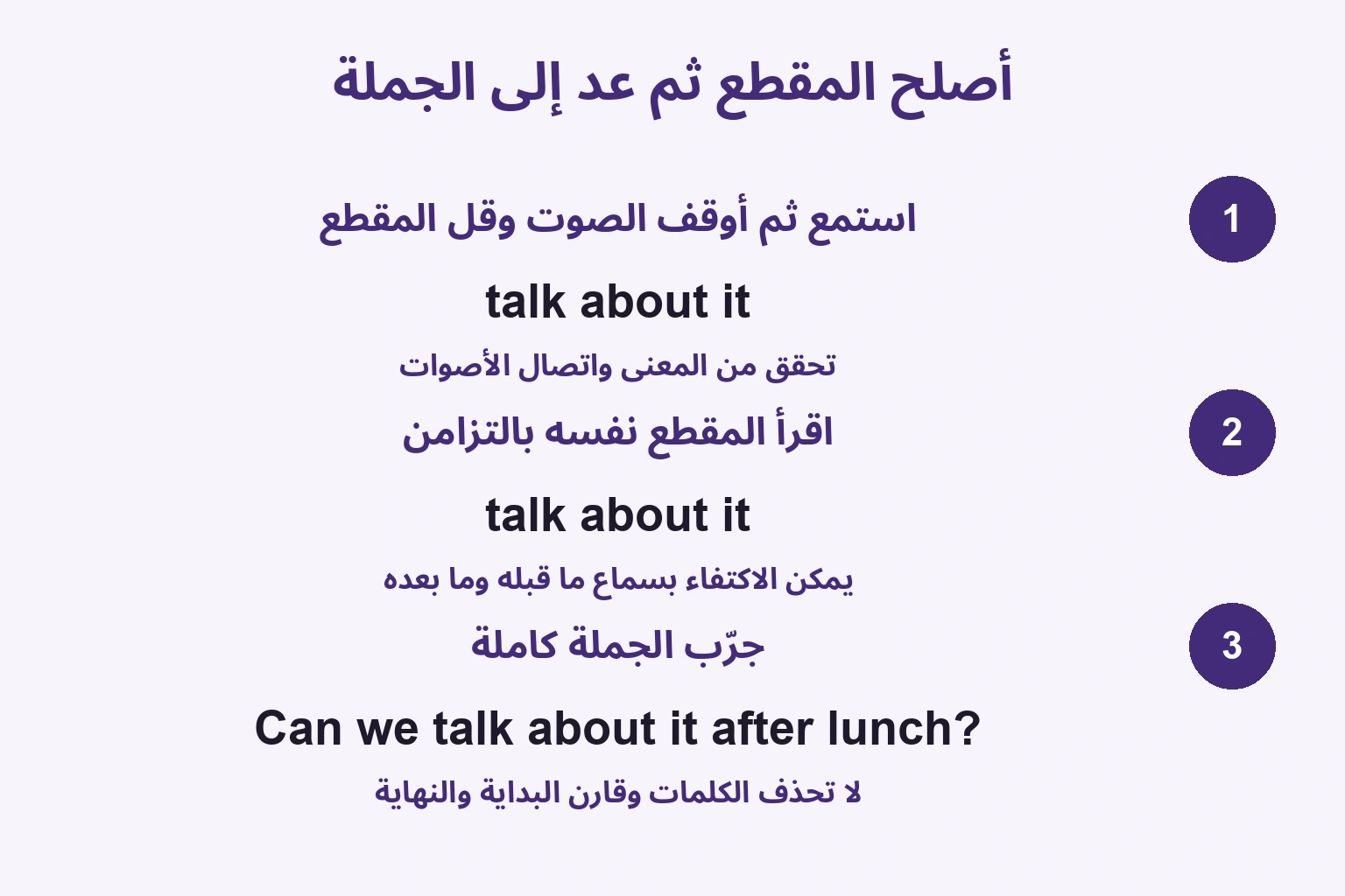 أصلح المقطع ثم عد إلى الجملة: استمع ثم أوقف الصوت وقل المقطع / اقرأ المقطع نفسه بالتزامن / جرّب الجملة كاملة
