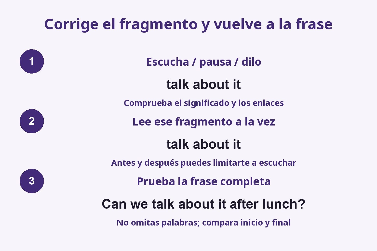 Corrige el fragmento y vuelve a la frase: Escucha / pausa / dilo / Lee ese fragmento a la vez / Prueba la frase completa
