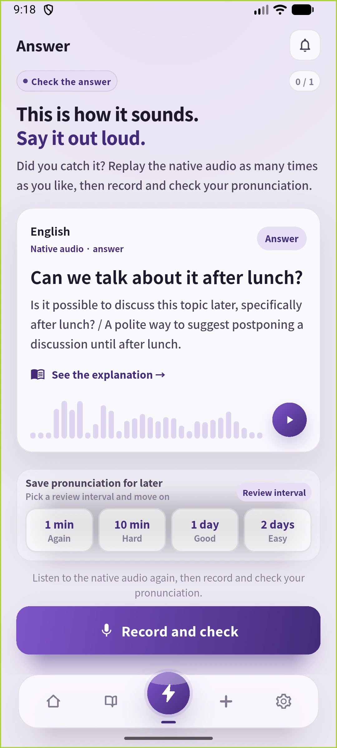 SpeakGainのAnswer画面。Can we talk about it after lunch?と意味、モデル再生、Record and checkの操作が表示されている
