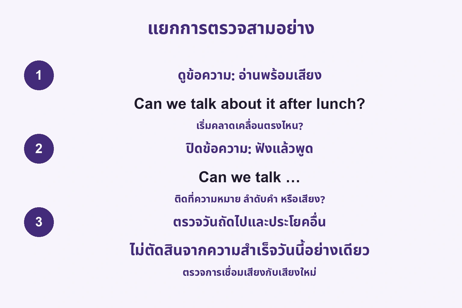 แยกการตรวจสามอย่าง: ดูข้อความ: อ่านพร้อมเสียง / ปิดข้อความ: ฟังแล้วพูด / ตรวจวันถัดไปและประโยคอื่น