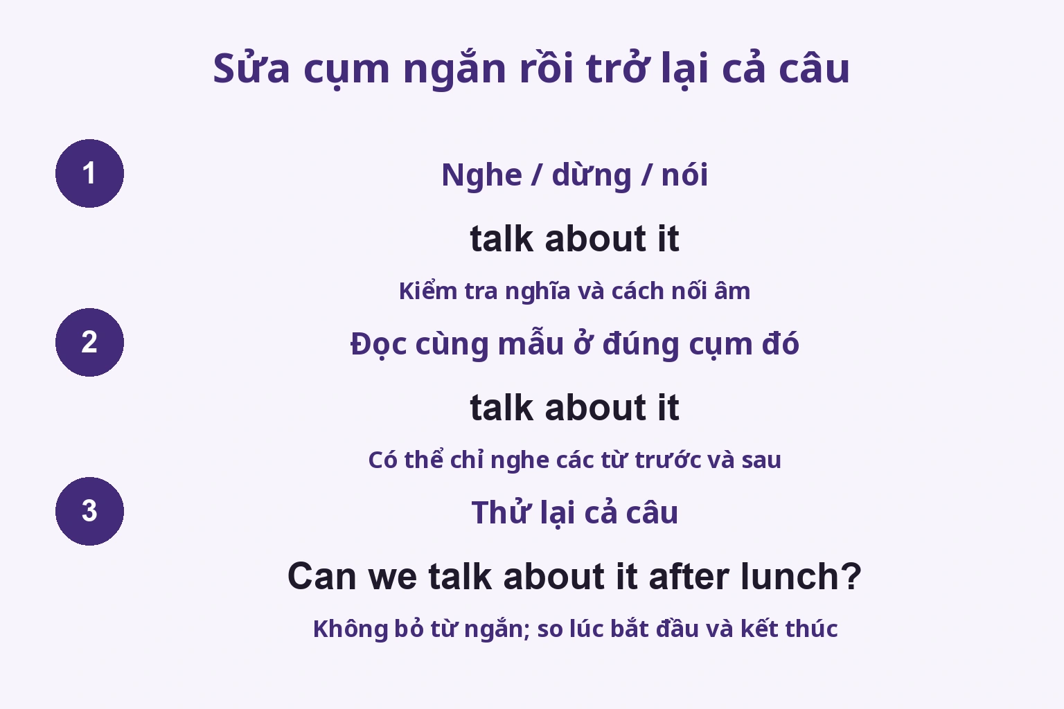 Sửa cụm ngắn rồi trở lại cả câu: Nghe / dừng / nói / Đọc cùng mẫu ở đúng cụm đó / Thử lại cả câu