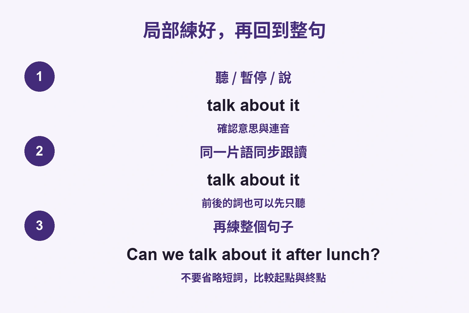 局部練好，再回到整句: 聽 / 暫停 / 說 / 同一片語同步跟讀 / 再練整個句子