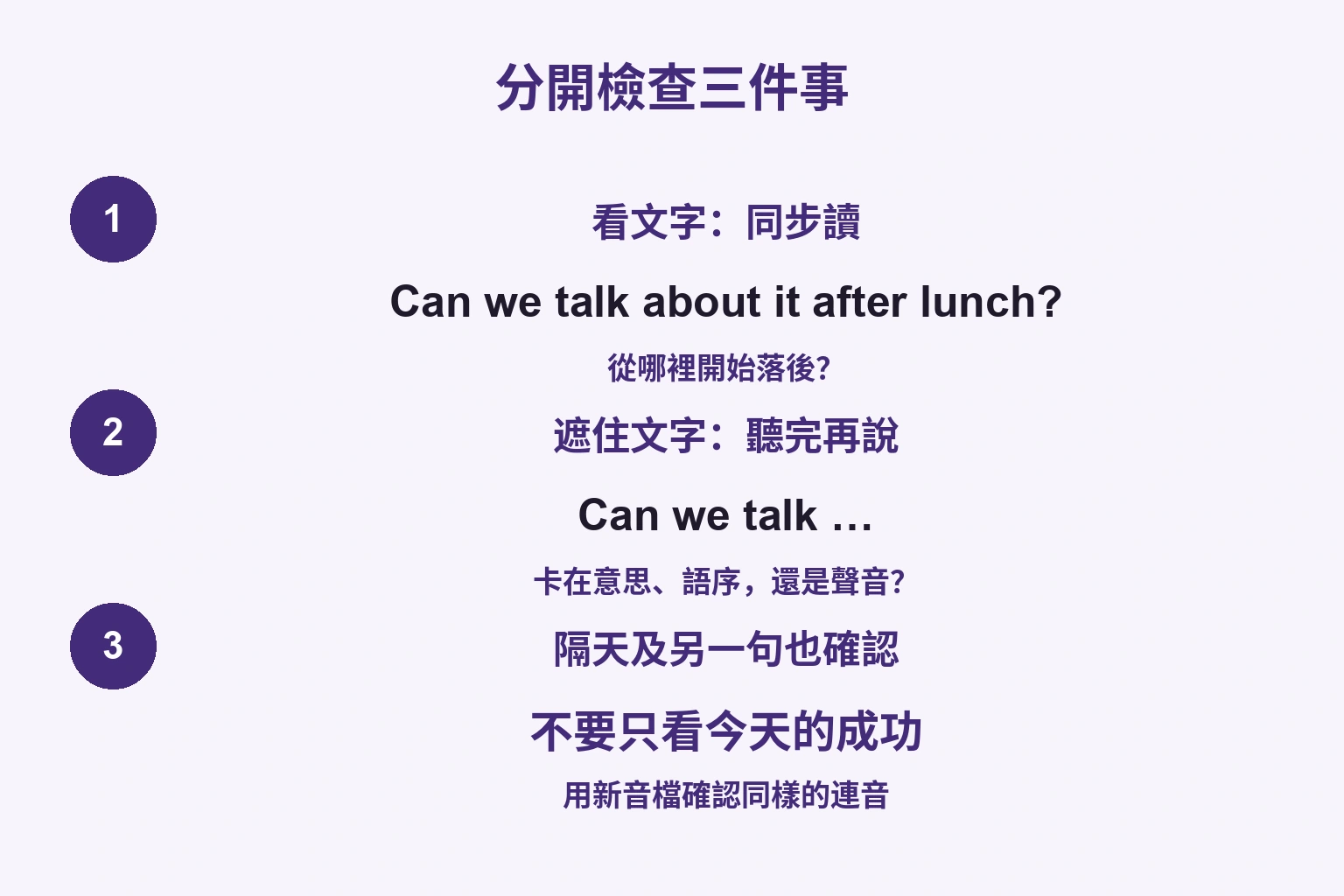分開檢查三件事: 看文字：同步讀 / 遮住文字：聽完再說 / 隔天及另一句也確認