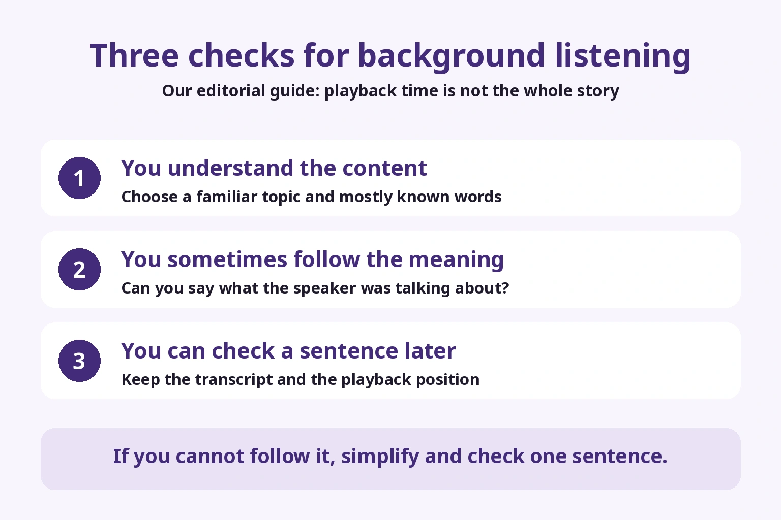 Three checks: understandable content, occasional attention to meaning, and a sentence you can revisit