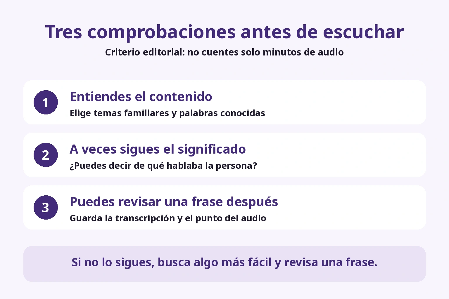 Tres comprobaciones: contenido comprensible, atención ocasional y posibilidad de revisar una frase