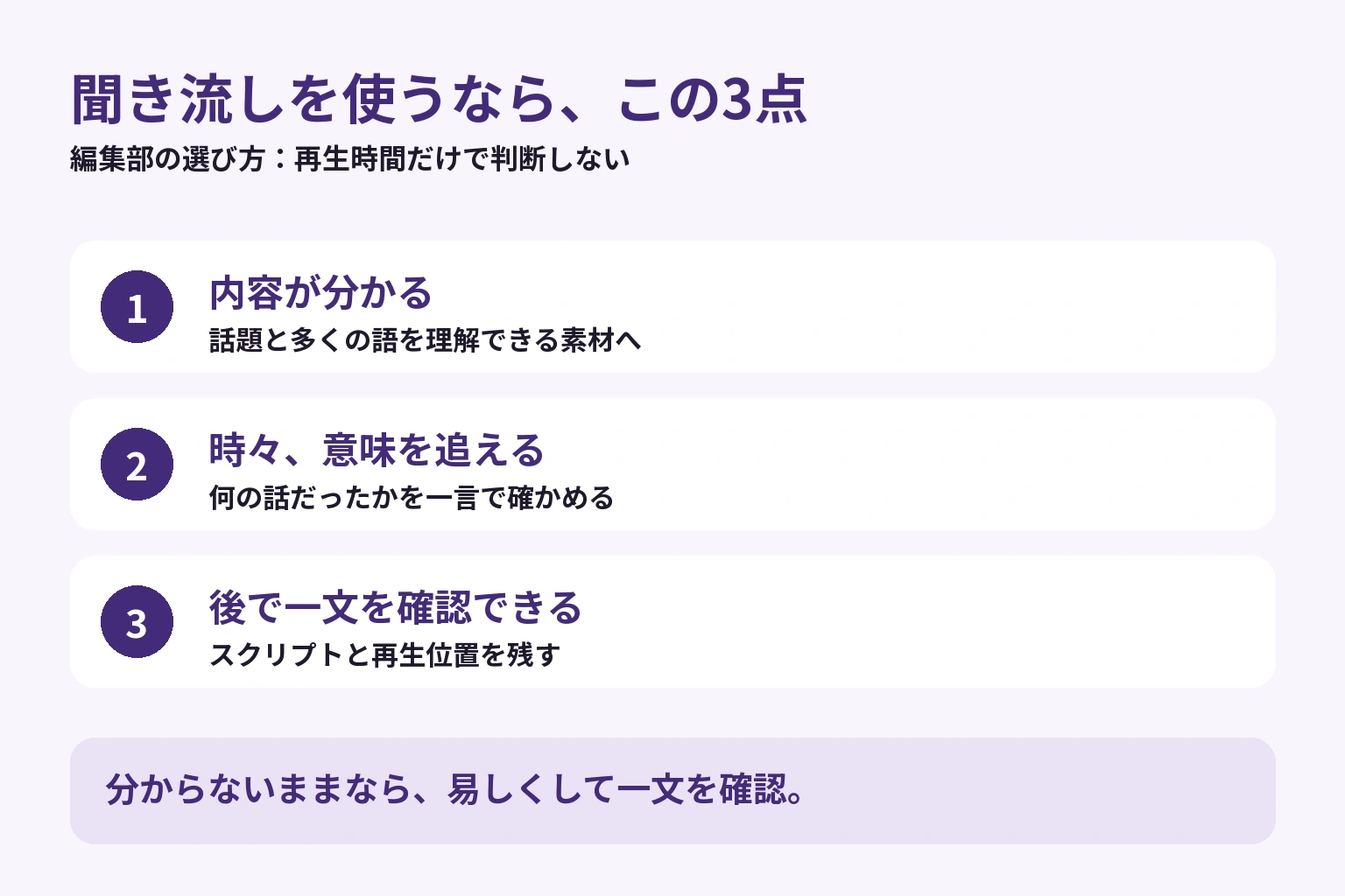 内容が分かる、時々意味を追える、後で一文を確認できるという聞き流しの使い方と、分からないまま流す使い方を整理した図