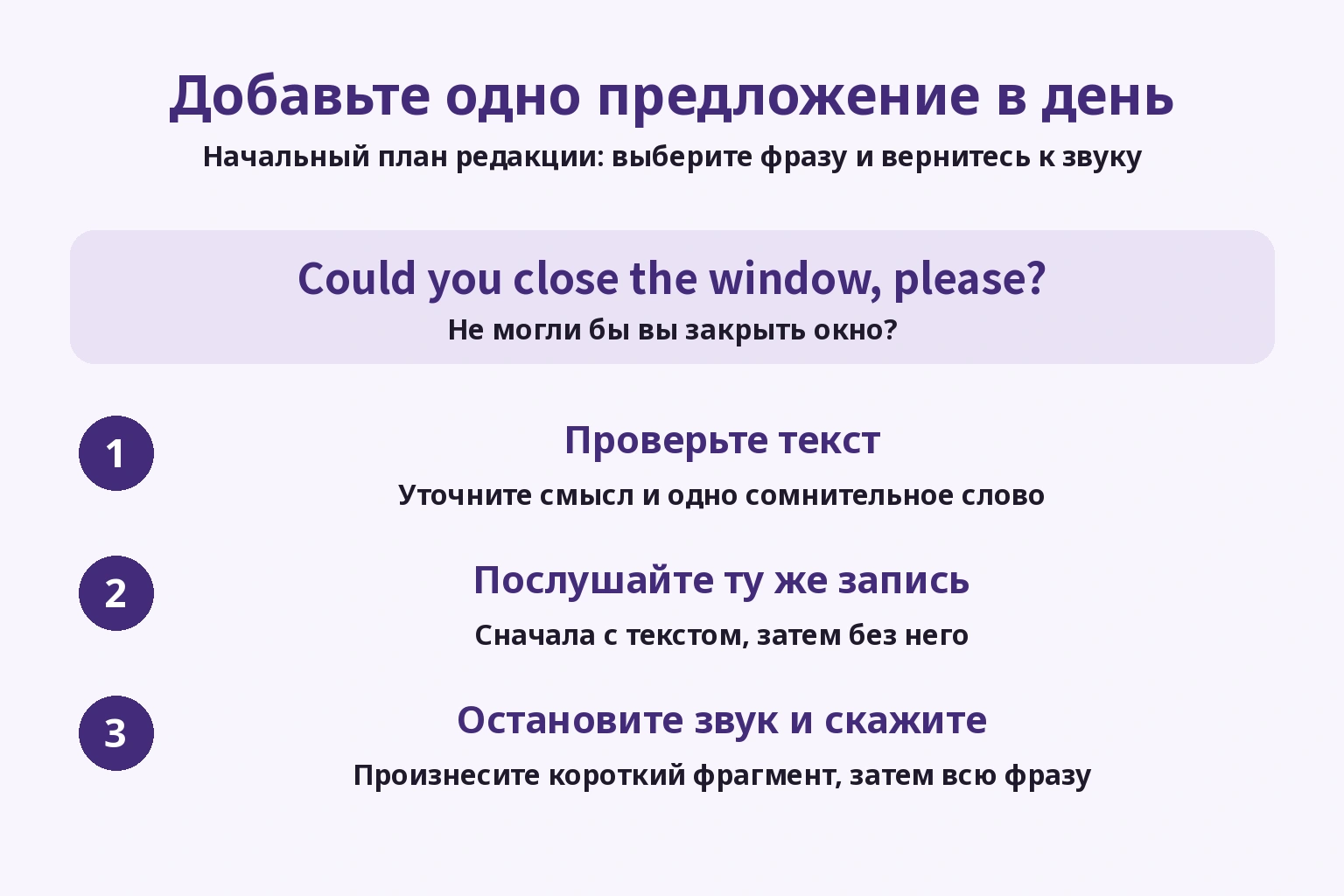 Проверить текст, послушать ту же запись, остановить и произнести