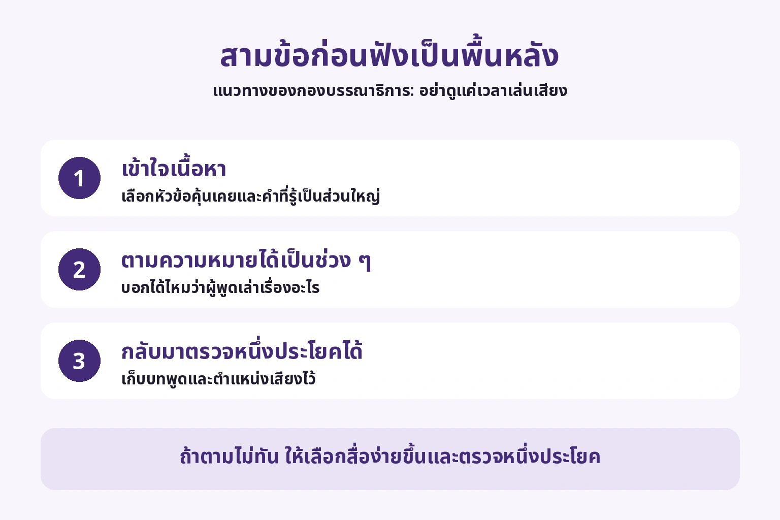 สามข้อคือเข้าใจเนื้อหา ตามความหมายได้บางช่วง และกลับมาตรวจหนึ่งประโยคได้