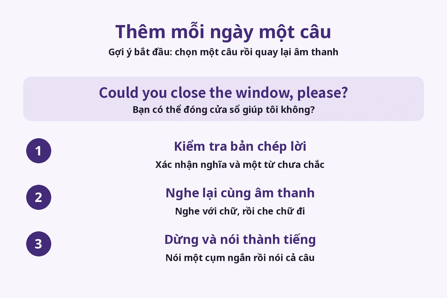 Kiểm tra chữ, nghe lại cùng âm, dừng và nói câu