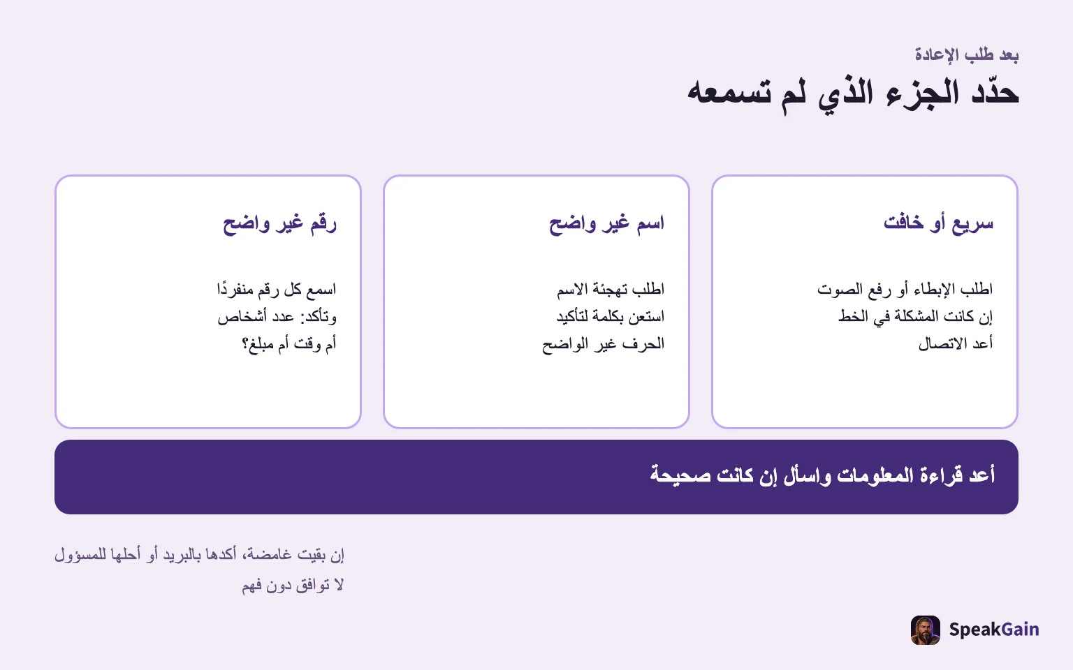 اختر كلامًا أبطأ أو صوتًا أعلى أو تهجئة أو أرقامًا منفصلة، ثم اقرأ المعلومات للتأكد.