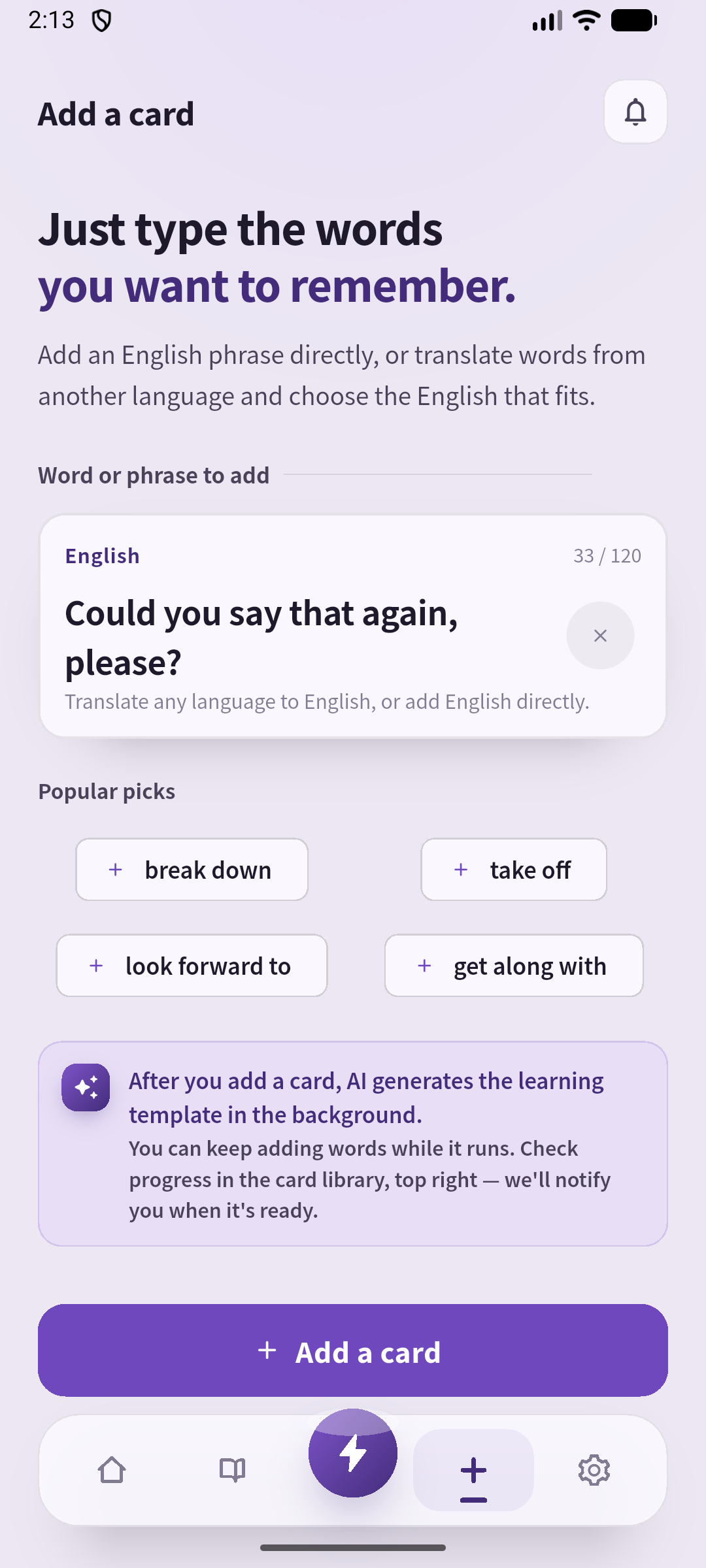 The real SpeakGain Add screen with “Could you say that again, please?” entered as the phrase to practise.