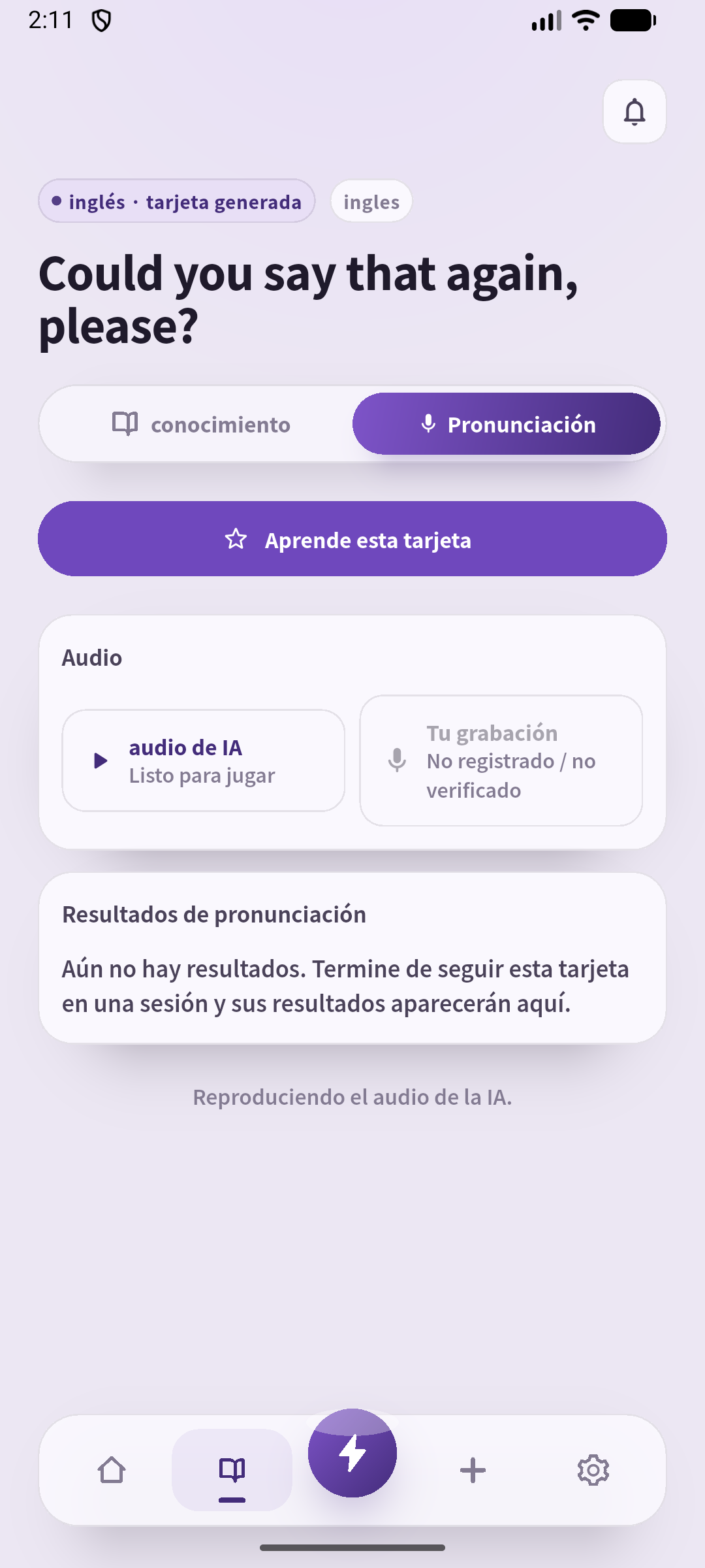 Pantalla real de pronunciación con la petición guardada y el audio del vikingo. Escucha, habla y responde sin leer.