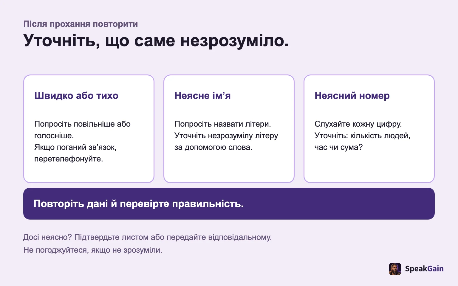 Попросіть повільніше, голосніше, по літерах або по цифрах, а потім прочитайте запис і перевірте.