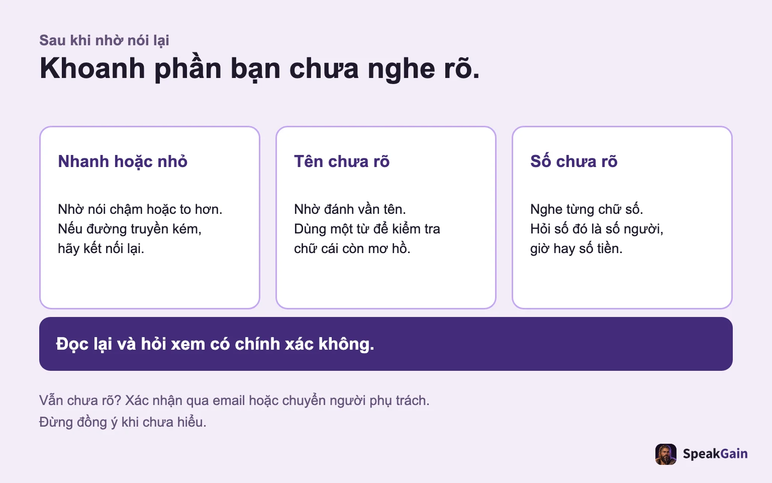 Chọn nói chậm, nói to, đánh vần hay đọc từng số, rồi đọc lại và hỏi có đúng không.