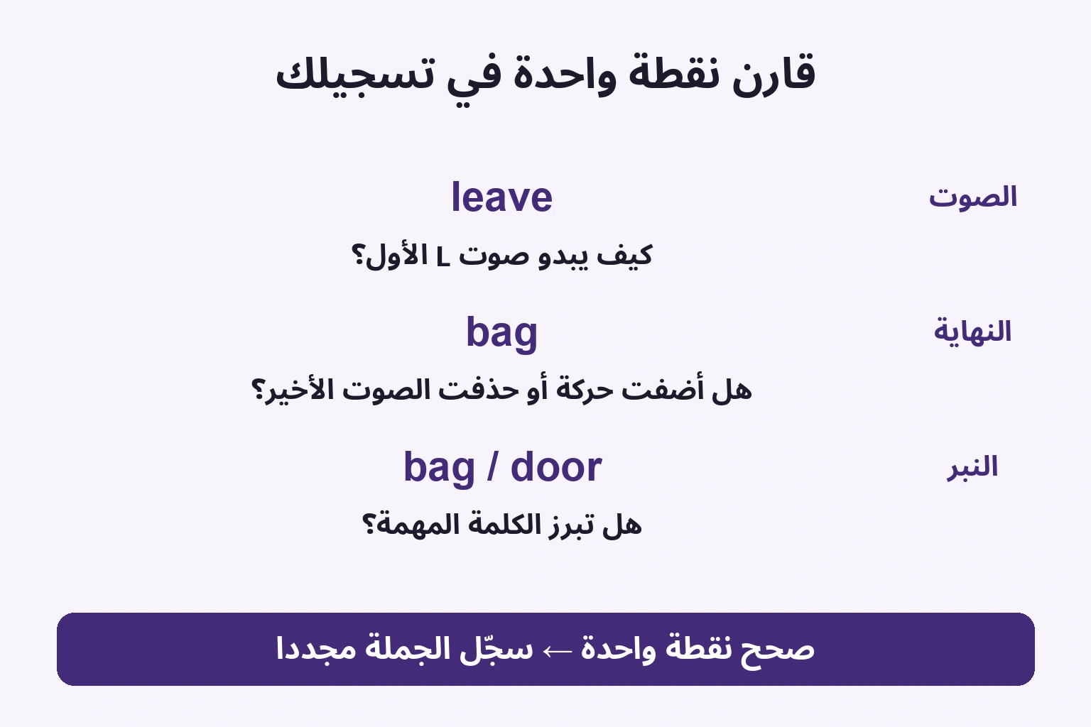 قارن نقطة واحدة في تسجيلك: كيف يبدو صوت L الأول؟; هل أضفت حركة أو حذفت الصوت الأخير؟; هل تبرز الكلمة المهمة؟