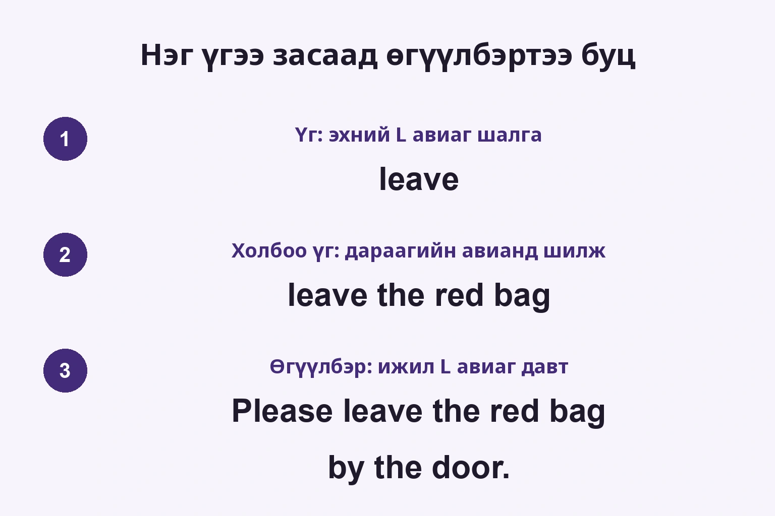 Нэг үгээ засаад өгүүлбэртээ буц: leave → leave the red bag → Please leave the red bag by the door.