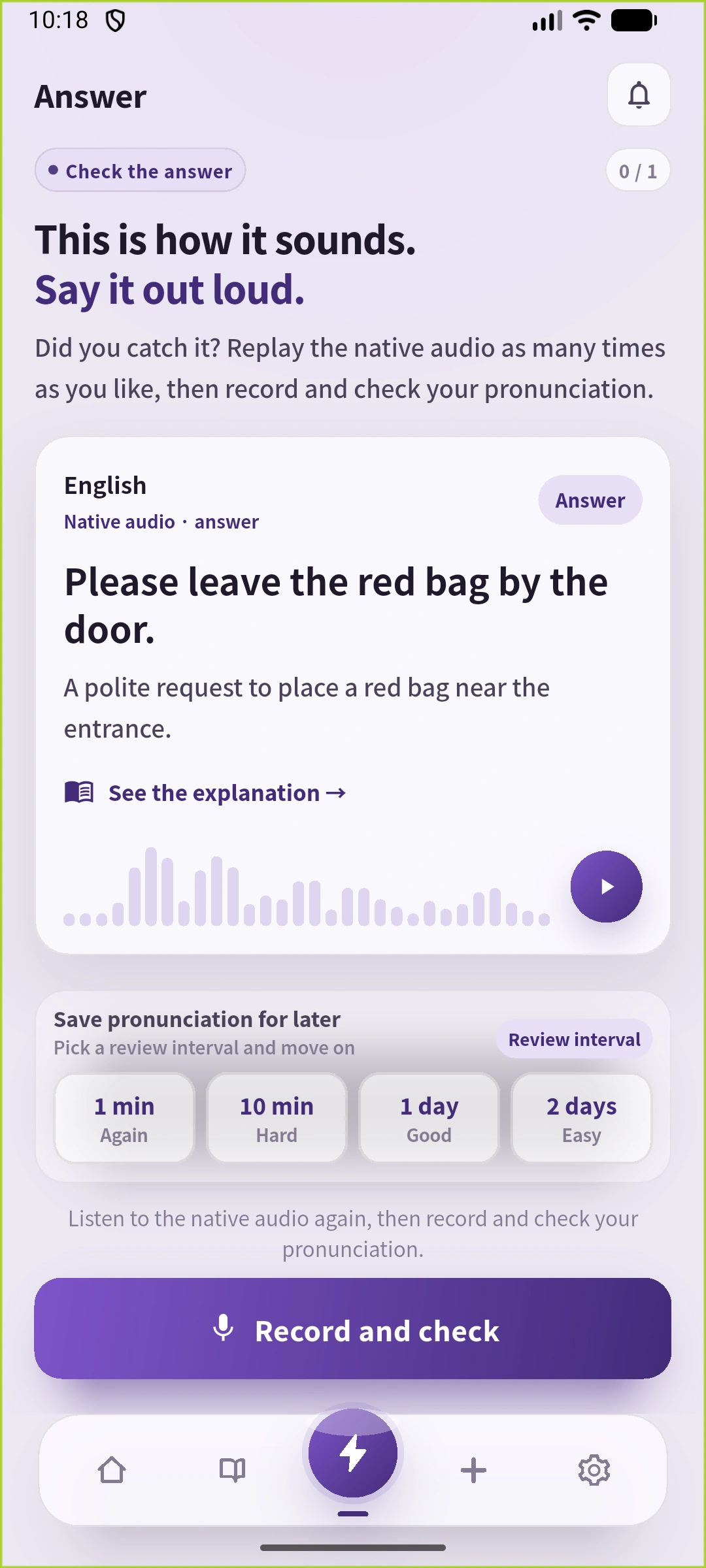 SpeakGainのAnswer画面。Please leave the red bag by the door.と意味、モデル再生、Record and checkの操作がある