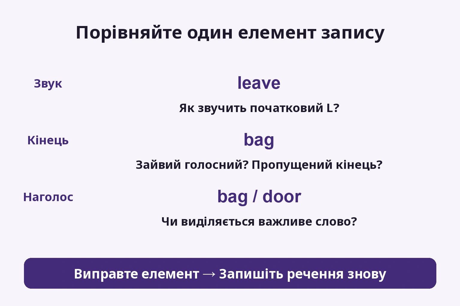 Порівняйте один елемент запису: Як звучить початковий L?; Зайвий голосний? Пропущений кінець?; Чи виділяється важливе слово?
