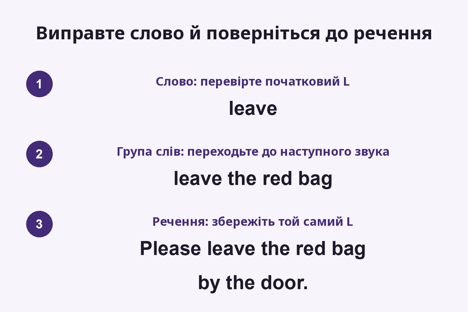 Виправте слово й поверніться до речення: leave → leave the red bag → Please leave the red bag by the door.
