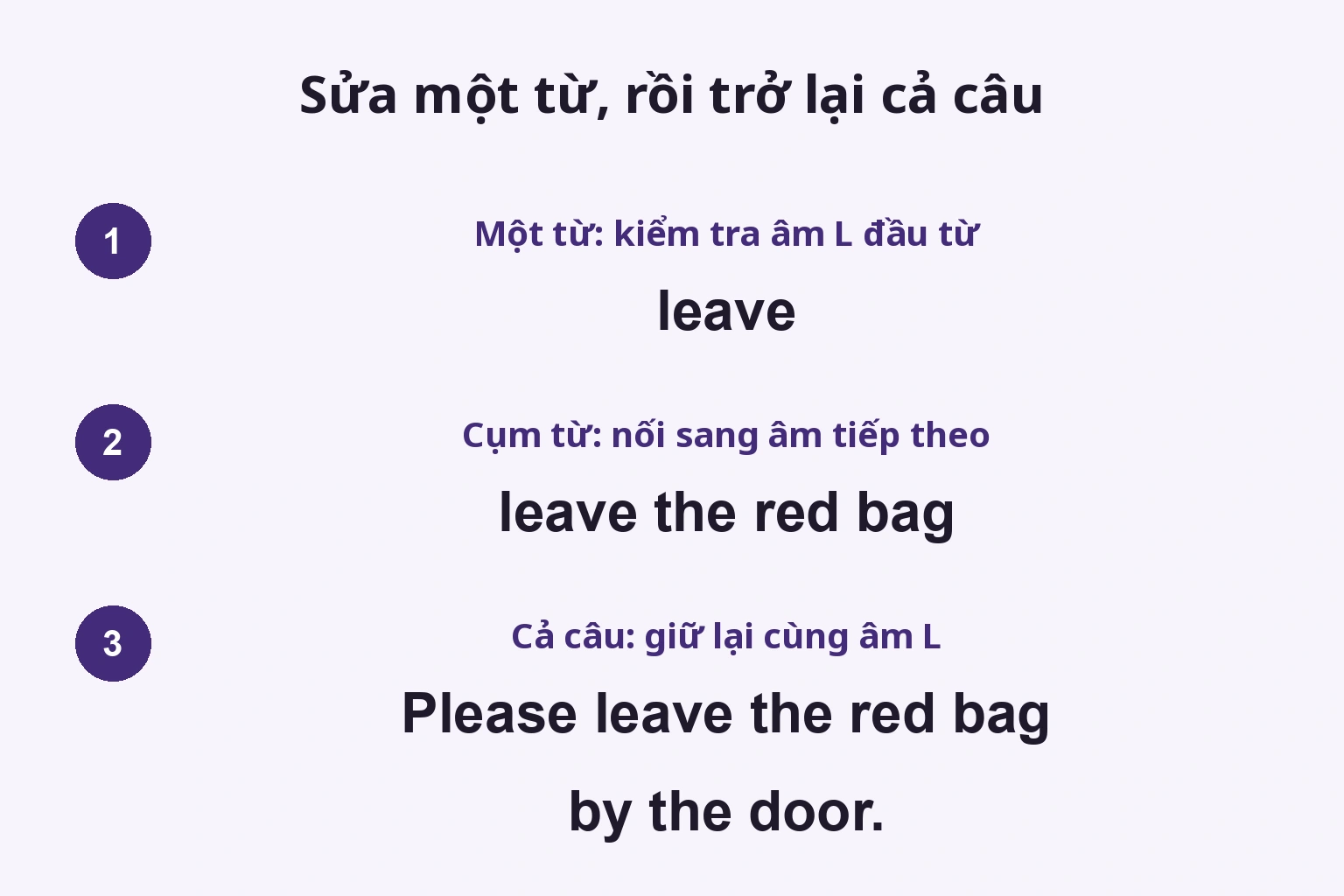 Sửa một từ, rồi trở lại cả câu: leave → leave the red bag → Please leave the red bag by the door.