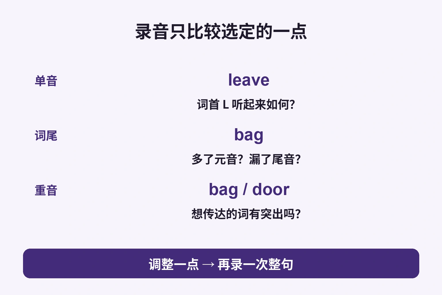录音只比较选定的一点: 词首 L 听起来如何？; 多了元音？漏了尾音？; 想传达的词有突出吗？