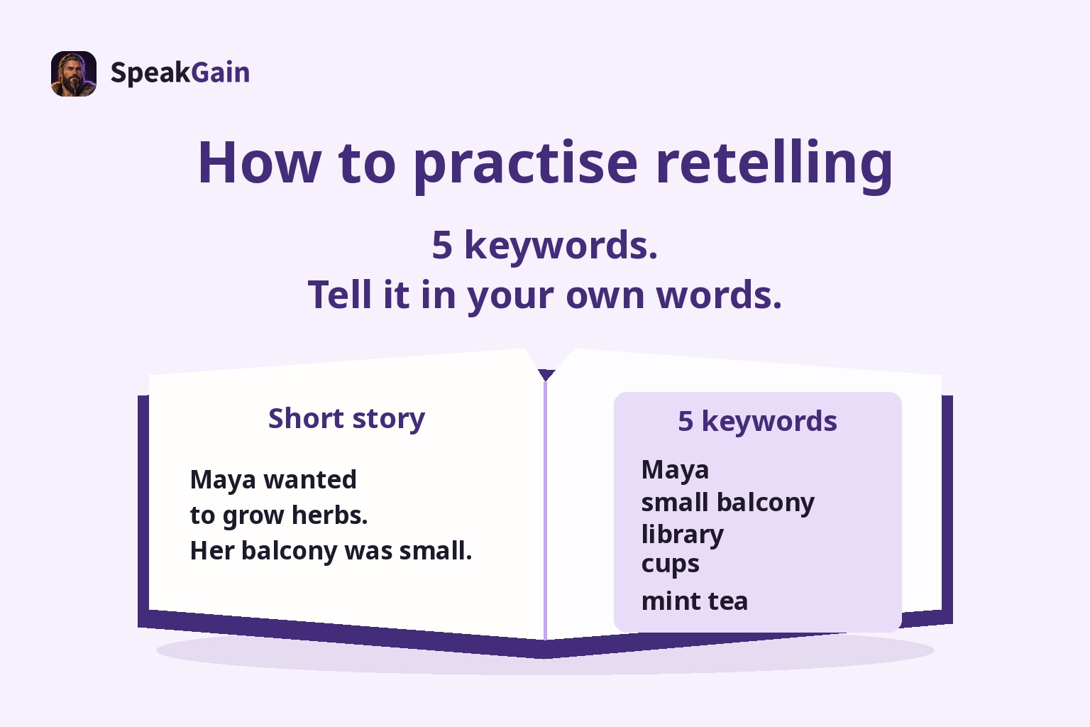 An open storybook with three short English lines on the left and a five-keyword memo on the right