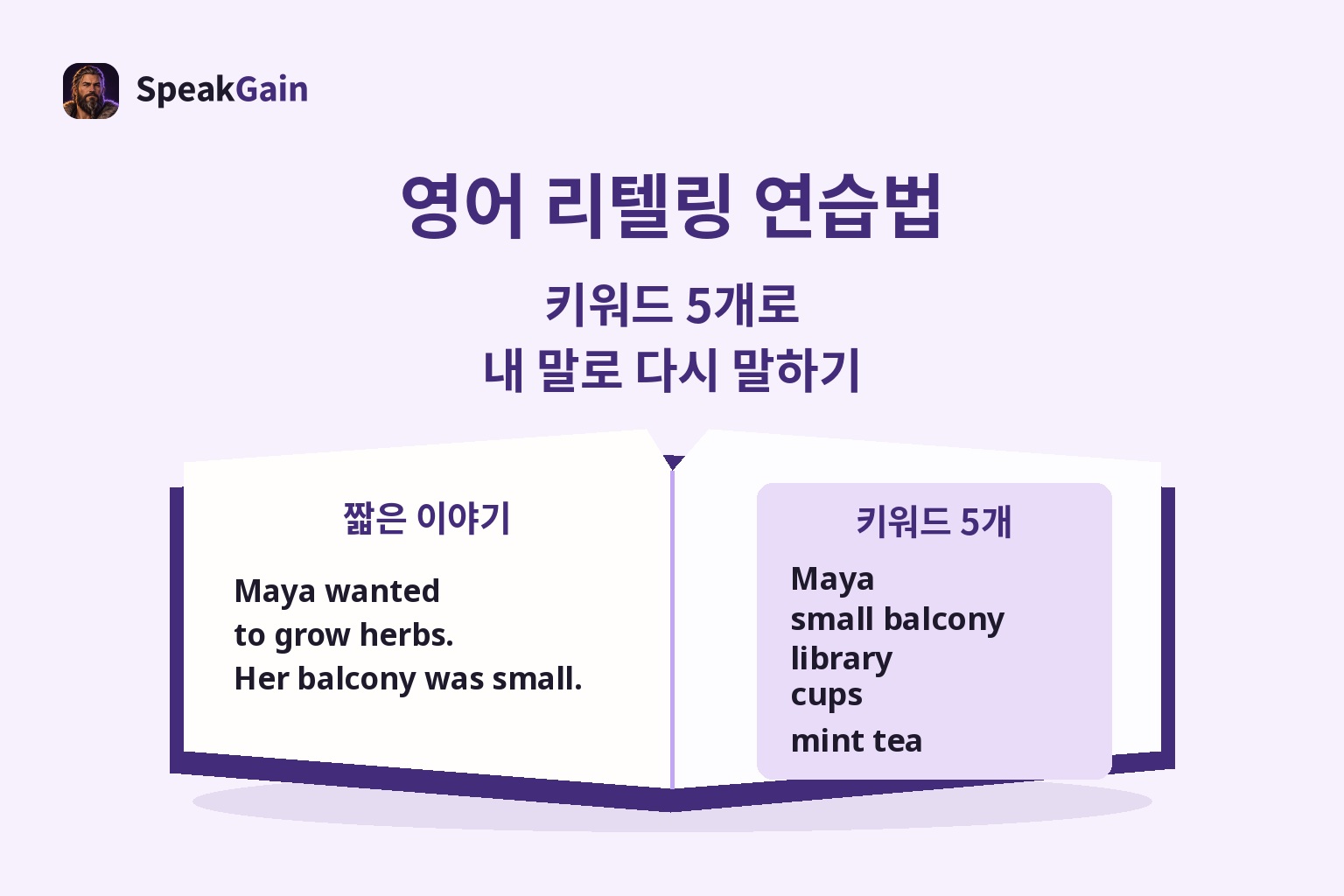 왼쪽에 짧은 영어 이야기, 오른쪽에 키워드 다섯 개 메모가 있는 펼친 책