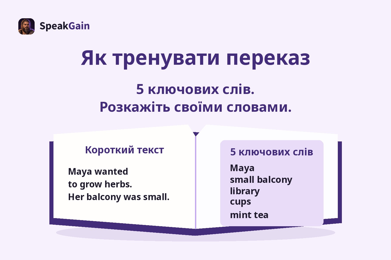 Розгорнута книжка: коротка історія англійською ліворуч і п’ять ключових слів праворуч