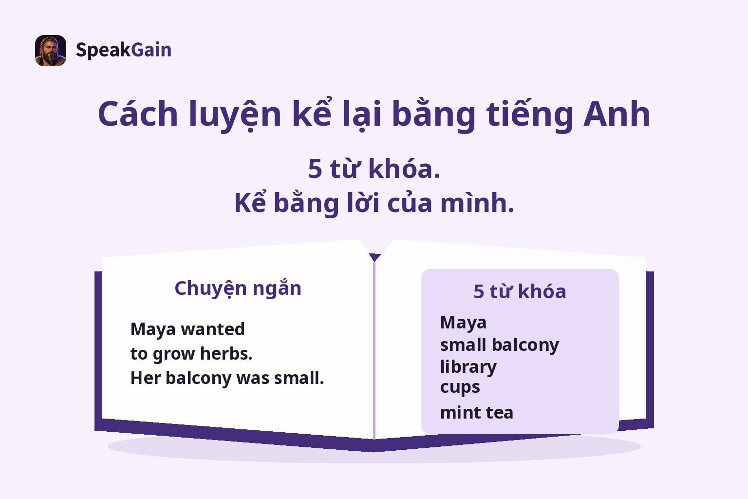 Sách mở với chuyện tiếng Anh ngắn bên trái và năm từ khóa bên phải