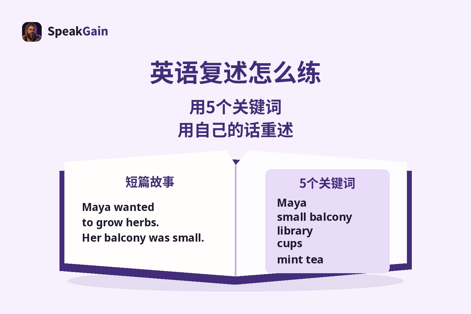翻开的故事书,左页是短英文,右页是五项关键词笔记