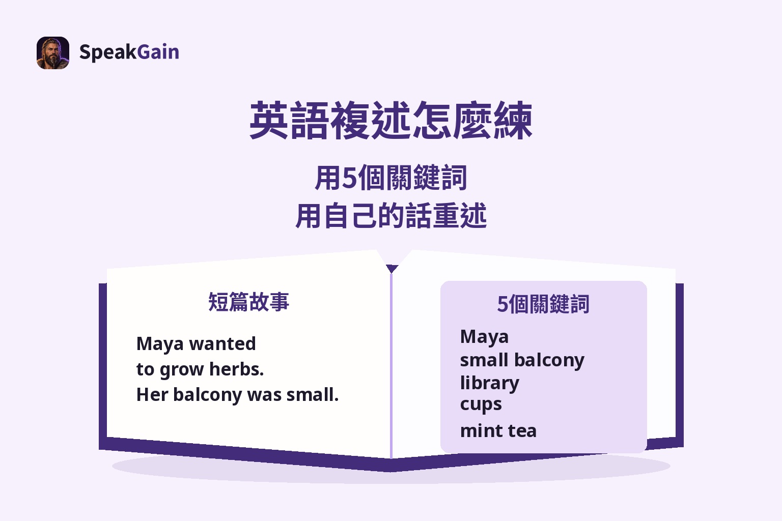 翻開的故事書,左頁是短英文,右頁是五項關鍵詞筆記