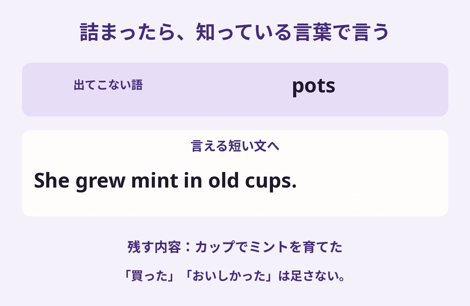 potsという語が出ないときはShe grew mint in old cupsと言い、カップで育てたという内容を保つ言い換え例