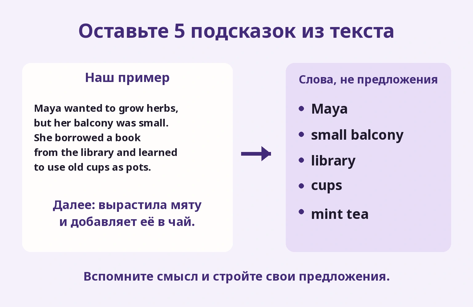 Оставьте 5 подсказок из текста