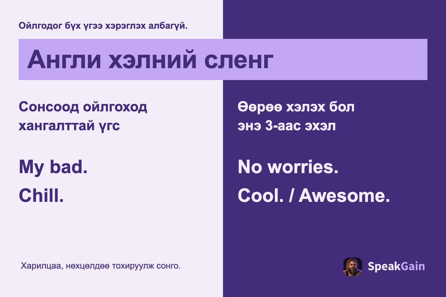 Англи хэлний сленг — Сонсоод ойлгоход хангалттай үгс — Өөрөө хэлэх бол энэ 3-аас эхэл
