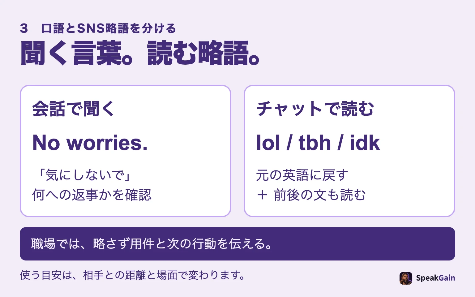 会話で聞くno worriesと、チャットで読むlolやtbhを分け、職場では普通の文へ戻して伝える図