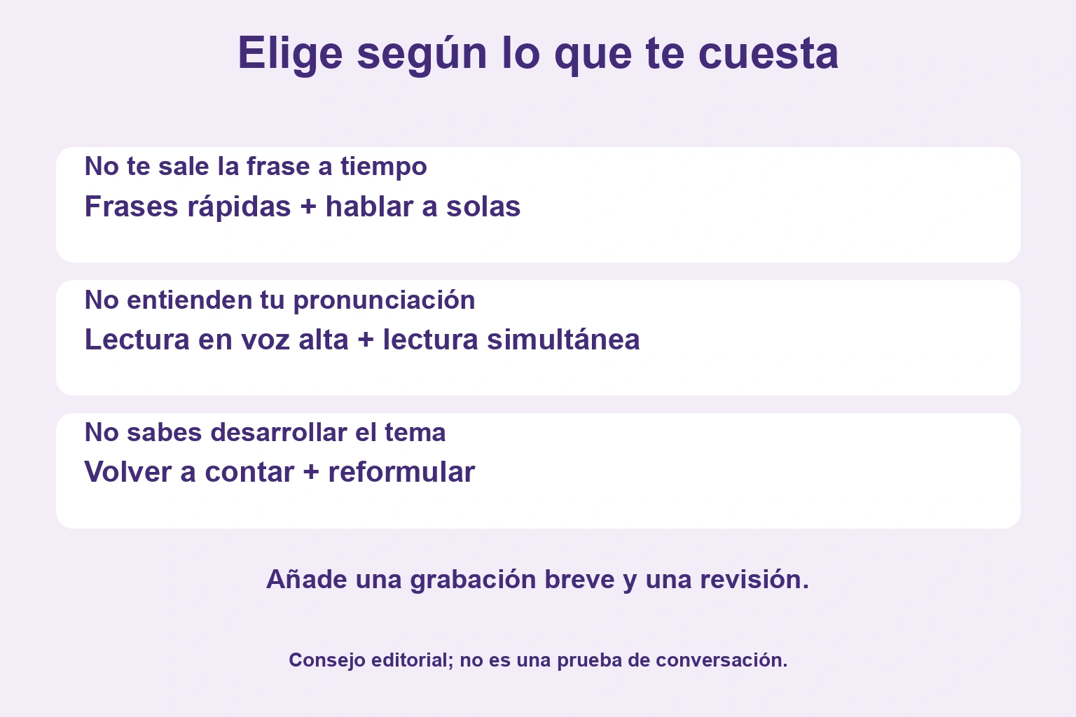 Frases rápidas y monólogos para responder, lectura y audio para los sonidos, volver a contar y reformular para desarrollar temas