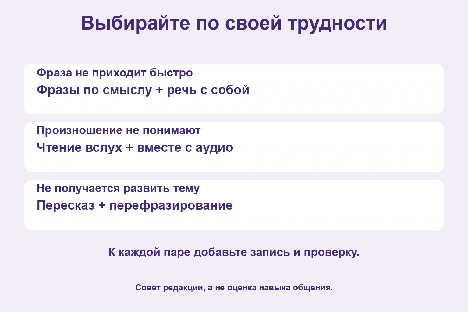 Фразы по смыслу и речь с собой для быстрого ответа, чтение с аудио для звуков, пересказ и перефразирование для развития темы
