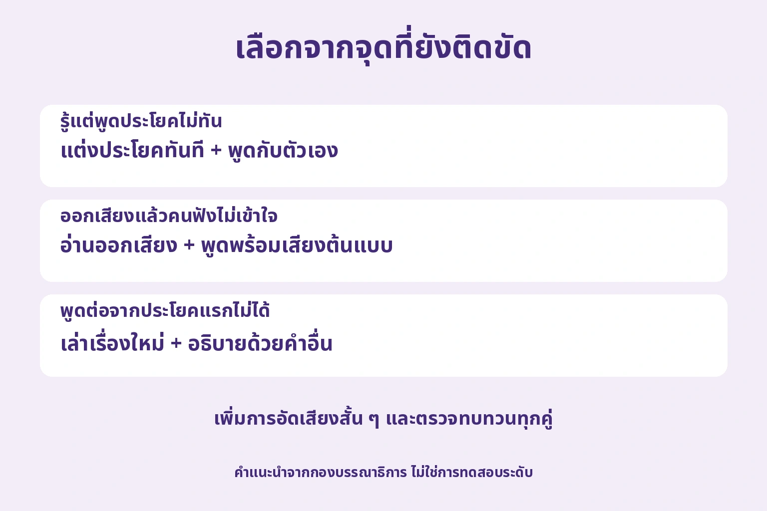 เลือกแต่งประโยคกับพูดเองเมื่อพูดไม่ทัน อ่านกับพูดพร้อมต้นแบบเมื่อเสียงไม่ชัด และเล่าใหม่กับอธิบายคำอื่นเมื่อพูดต่อไม่ได้