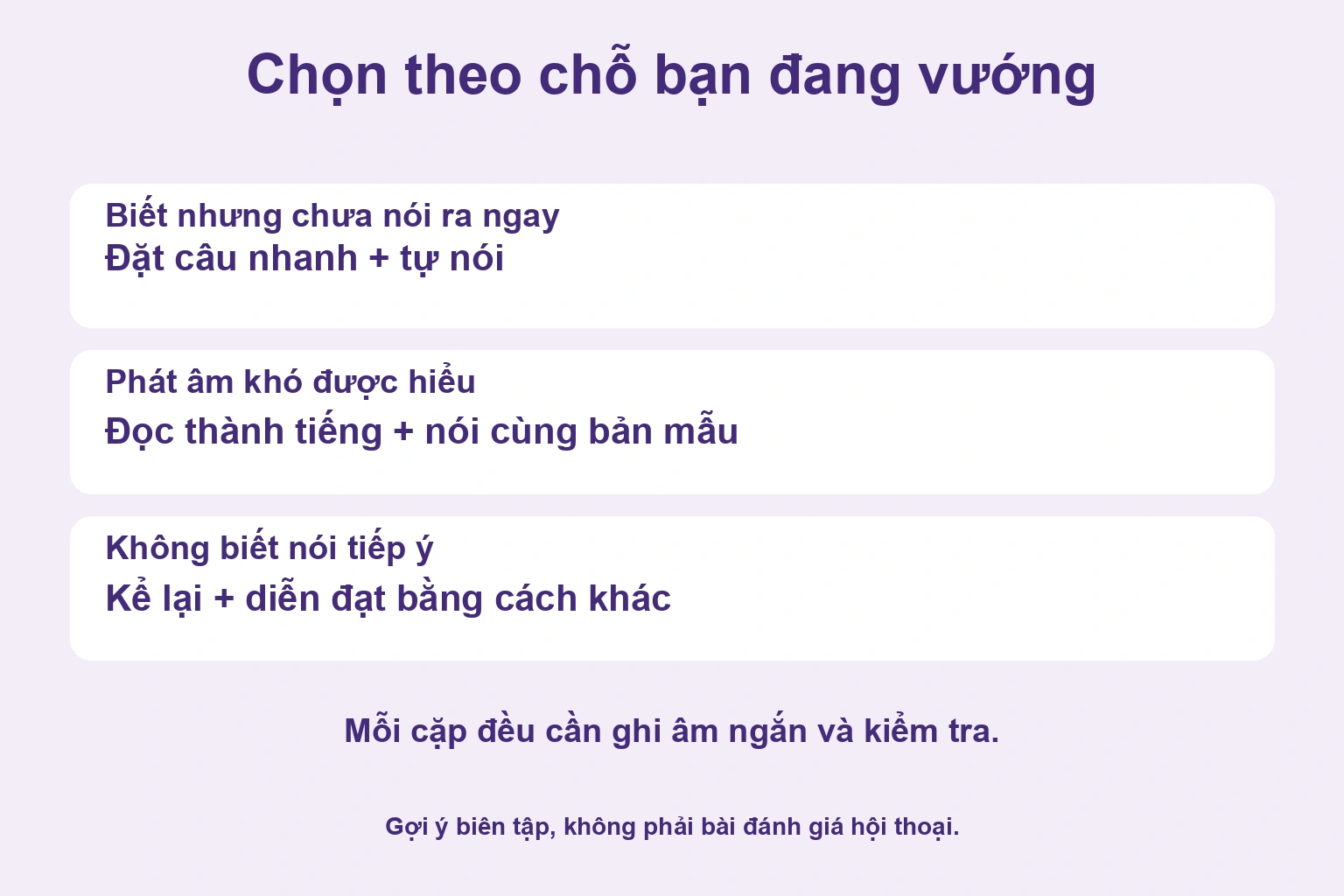 Chọn đặt câu nhanh và tự nói khi khó gọi lại câu, đọc và nói cùng mẫu khi vướng âm, kể lại và diễn đạt cách khác khi cần phát triển ý