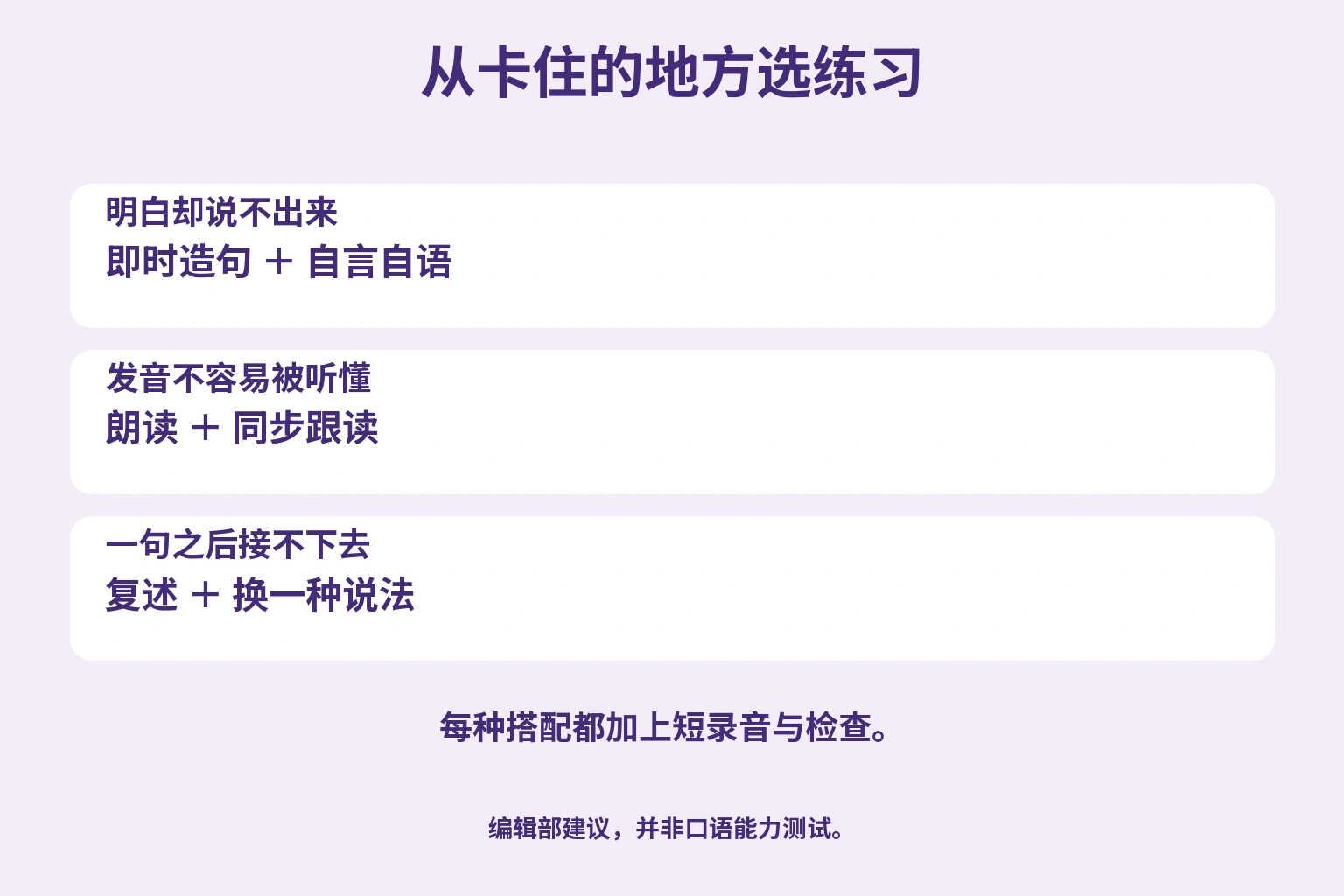 说不及时选即时造句和自言自语，声音有问题选朗读和同步跟读，展开话题选复述和换一种说法
