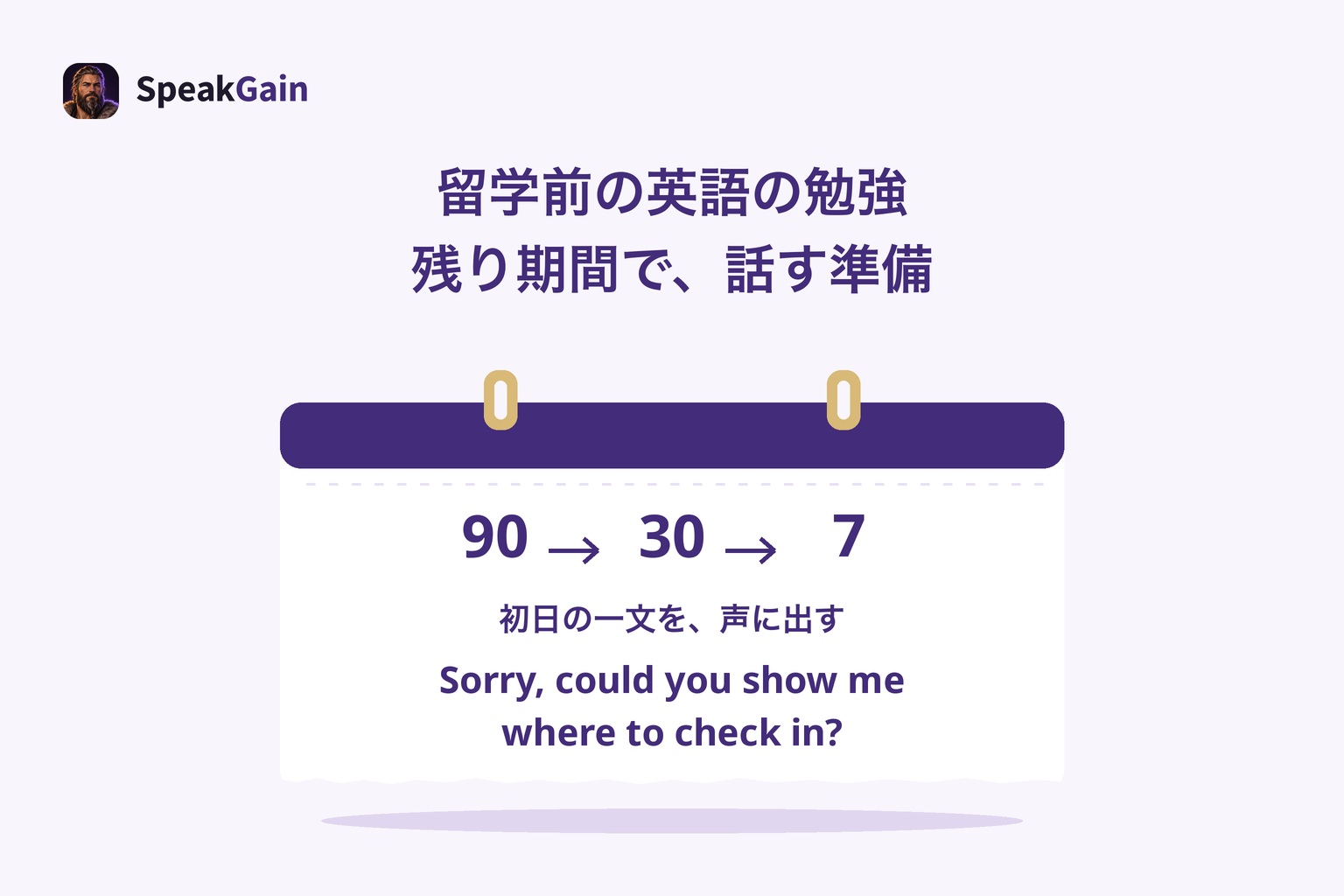 留学までの残り期間と、到着直後に声に出す一文を準備する図